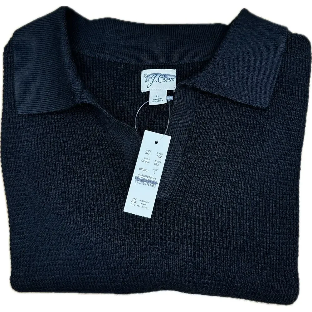 J.Crew Mens Minimalist Cotton Waffle Knit Johnny Collar Sweater Polo Black L